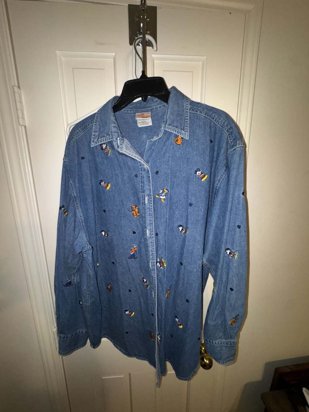 Vintage The Disney Store All-Over Embroidered Characters Denim Long Sleeve Butto